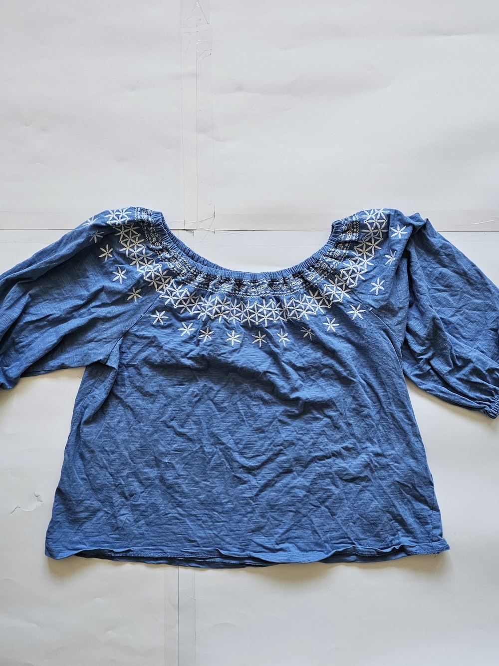 Tommy Hilfiger Blue Off-Shoulder Embroidered Peasant Blouse